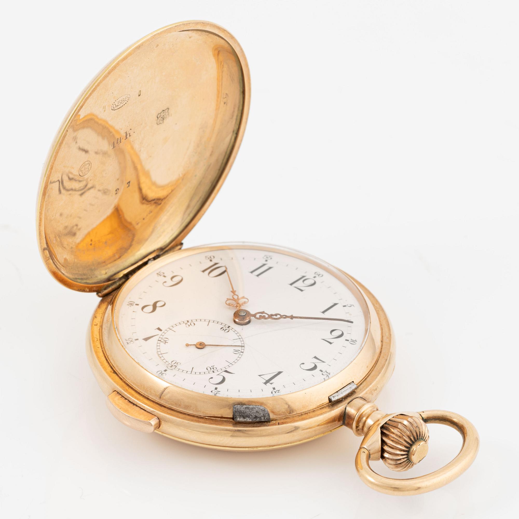 Pocket watch, hunter, 14K gold, repeater, 58 mm.