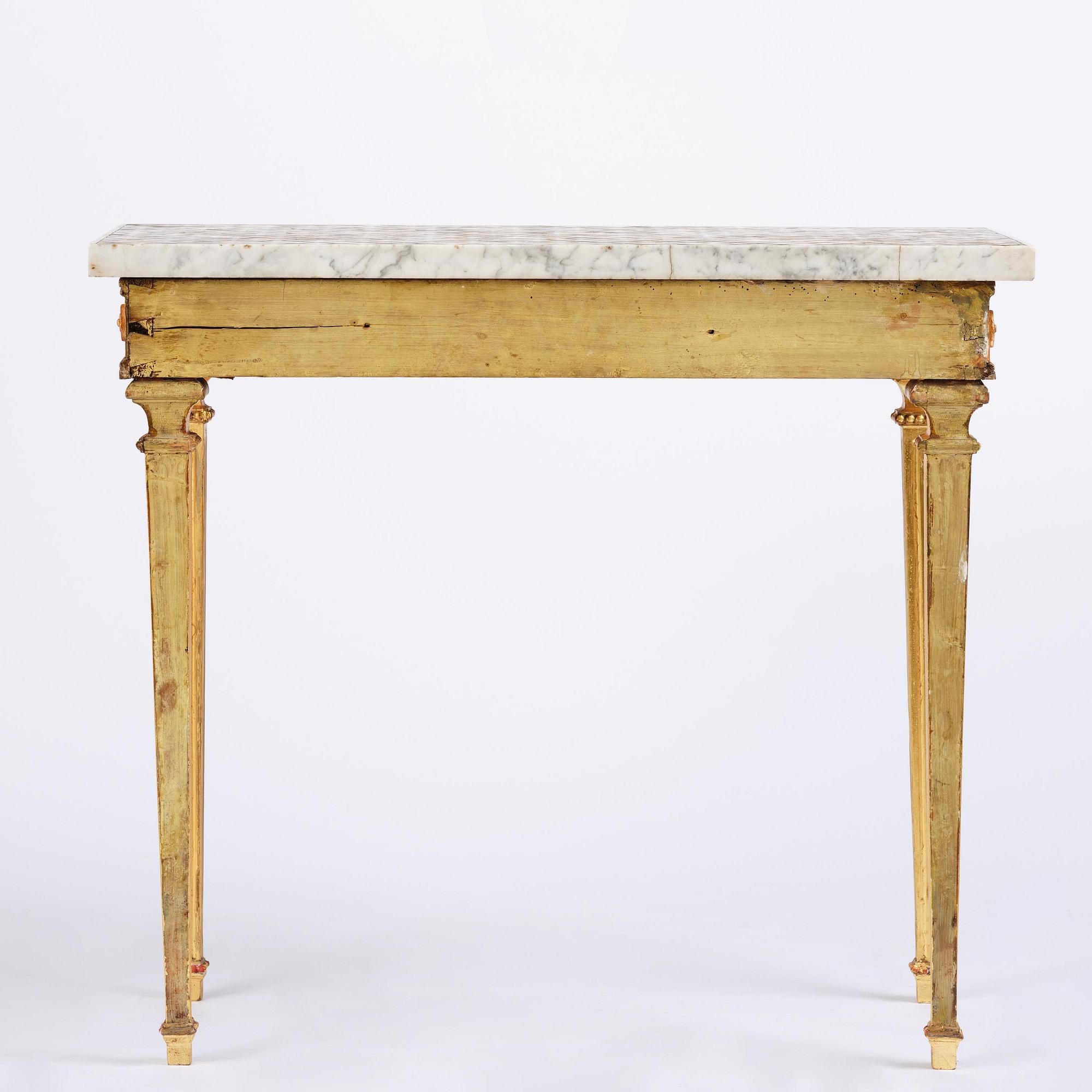 A late Gustavian giltwood console table with an Italian specimen-marble top , Stockholm, late 18th century.