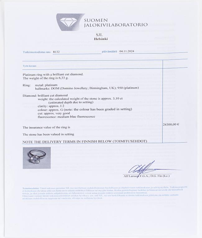 A platinum ring, with a brilliant-cut diamond approximately 3.10 ct. Domino Jewellery, Birmingham, England.