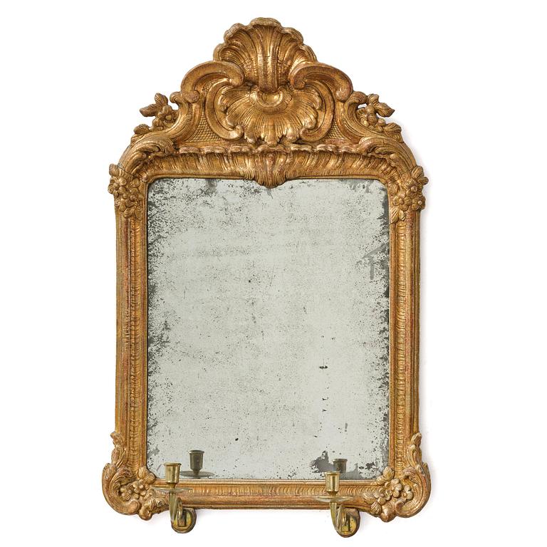 A two-branch giltwood rococo girandole mirror, Stockholm, later part 18th century.
