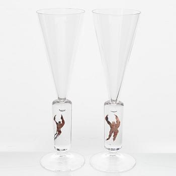 Bertil Vallien, six 'Millenium' champagne glasses, Kosta Boda.