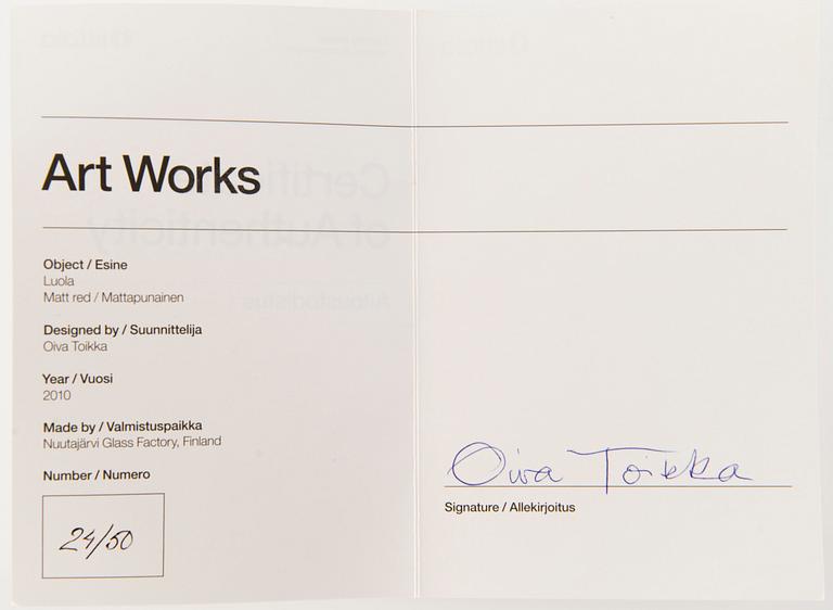 OIVA TOIKKA, a 'Luola' (Cave) glass sculpture signed Oiva Toikka Iittala 2010 24/50.