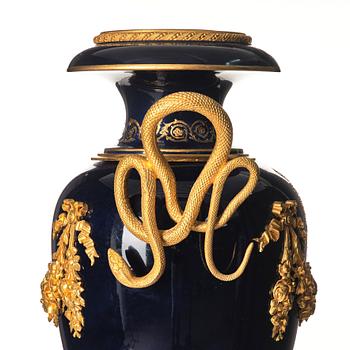 A large French ormoulu mounted 'Sèvres' porcelain jar with cover, circa 1900.