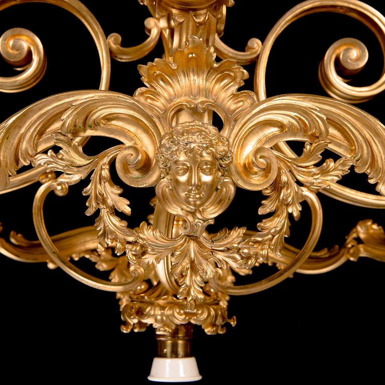 Ferdinand Barbedienne, A signed and gilded bronze chandelier from second half of the 19th century. Height 115 cm.