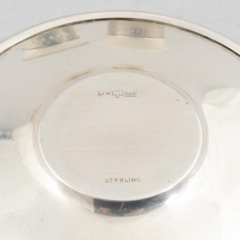 Kopphållare med fat, 6+6 st, sterlingsilver och porslin, bl.a. John Wanamaker, Philidelphia, USA, tidigt 1900-tal.