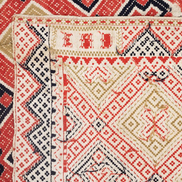 A bed cover, flat weave, c. 167 x 125 cm, Western Scania, signed EMD, early 19th century.