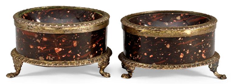 A pair of porphyry and silver salts by C.G. Snak, Stockholm 1844.