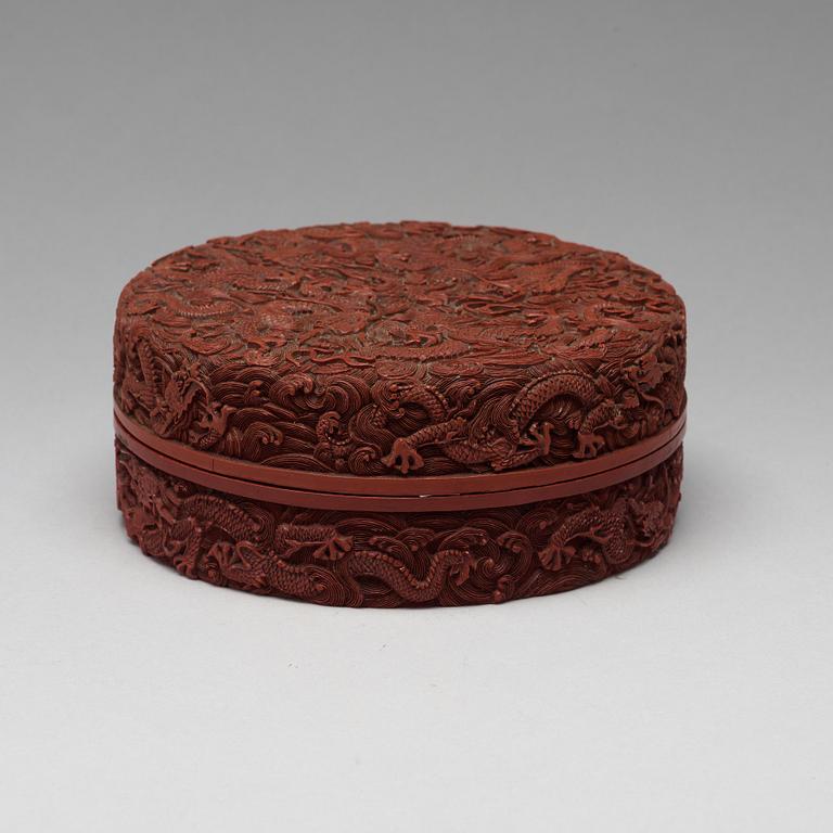 A red lacquer box with cover, Qing dynasty, with Qianlong six character mark.
