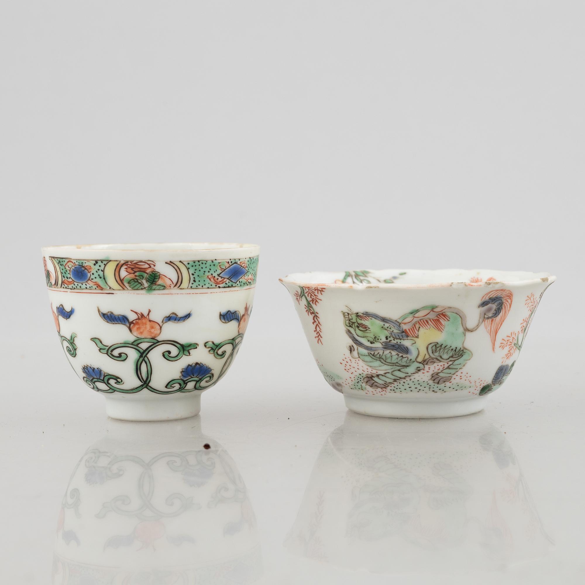 Koppar, fyra stycken, porslin, Qingdynastin, Kangxi (1662-1722).