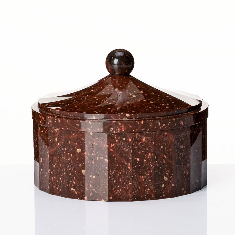 A Swedish Empire porphyry butter box with cover, 19th century.