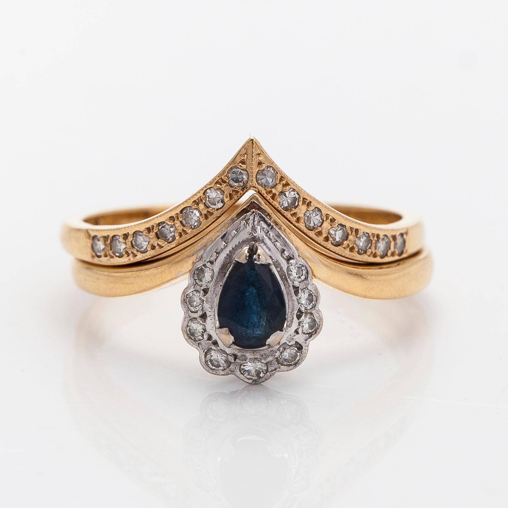 Rings, 2 pcs, faceted sapphire, brilliant- and 8/8-cut diamonds, 18K gold.