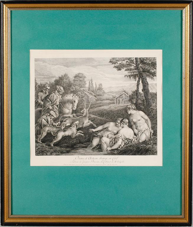 KOPPARSTICK, 2 st, efter Jeurat och Bassan, 1700-tal.