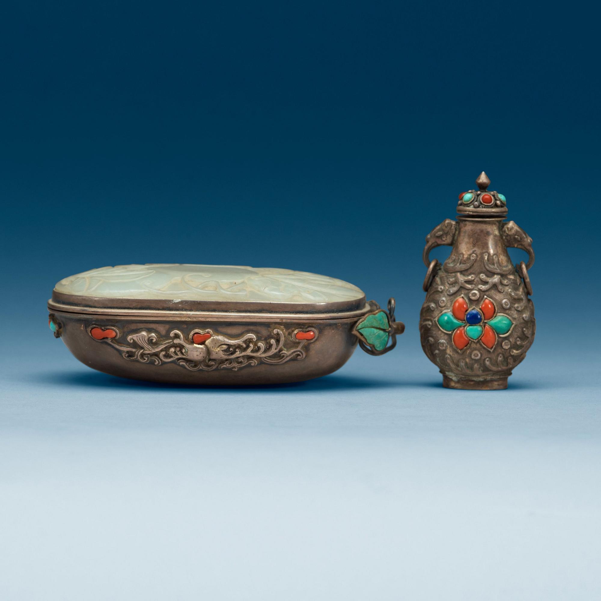 A Mongolian snuff bottle with cover and a case with cover of stones and nephrite, presumably late Qing dynasty.