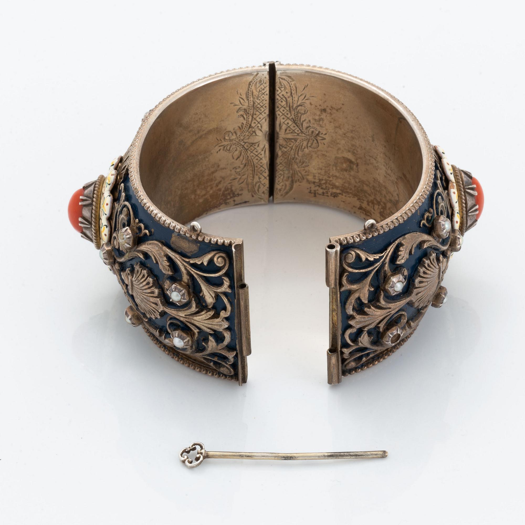 Silver, pearl and coral bangle.