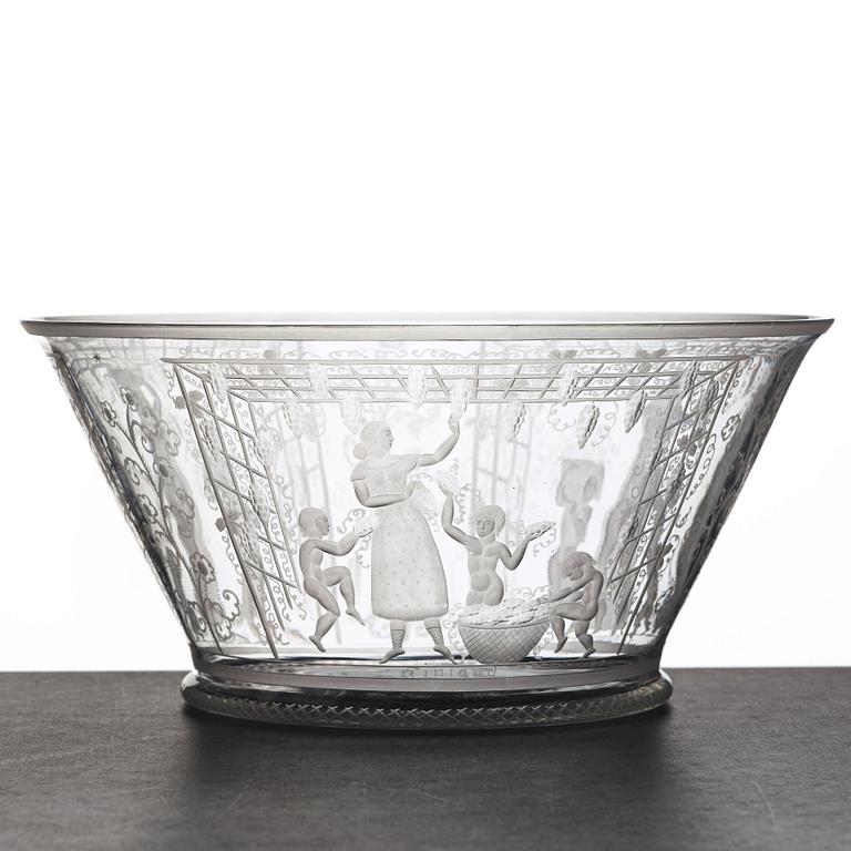 Edward Hald, skål, graverad "Vinskörd", Orrefors 1927, gravör Karl Rössler.
