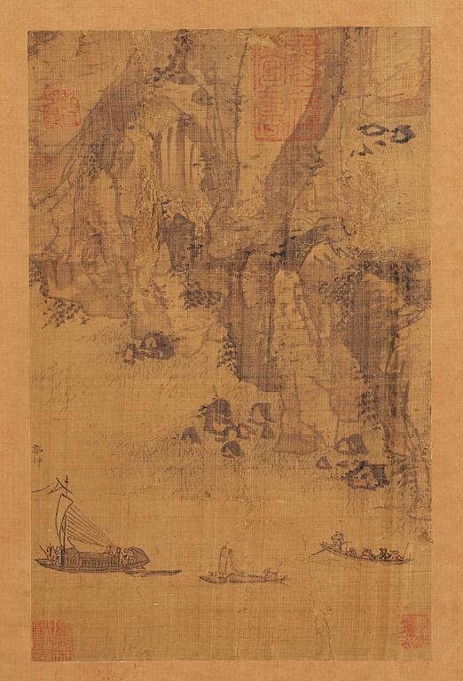 MÅLNINGAR, tre stycken, samt KALLIGRAFI. Qing dynastin, troligen 1700-tal eller äldre. Från album.