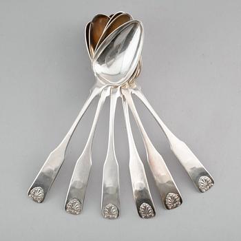 DESSERTSKEDAR, 6 st, silver, Carl Hammer, Stockholm 1853. Total vikt ca 214 g.