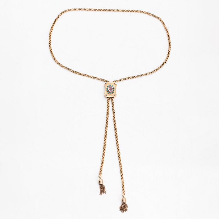 A 14K gold necklace with an amethyst, turquoises and seed pearls. Foreign marks.