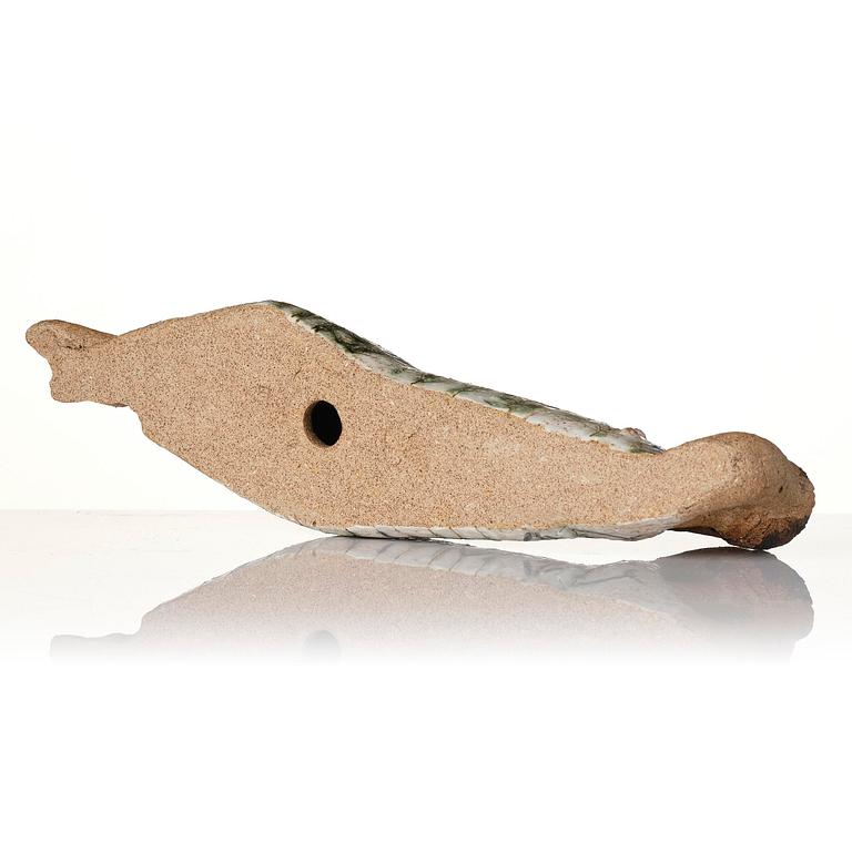 Lisa Larson, a unique chamotte stoneware sculpture of a reclining female figure with a bird, Gustavsberg Studio, probably 1950s-60s.