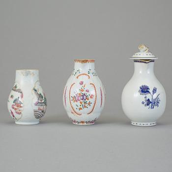 KANNOR, 3 st, kompaniporslin, Kina, 1700-tal.