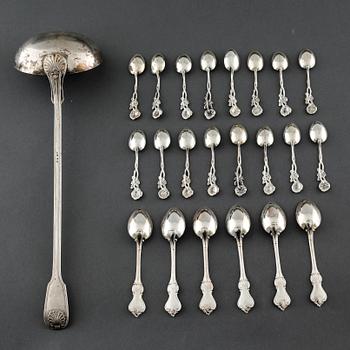 22 swedish silver spoons and one ladle, from the 19th and 20th century.