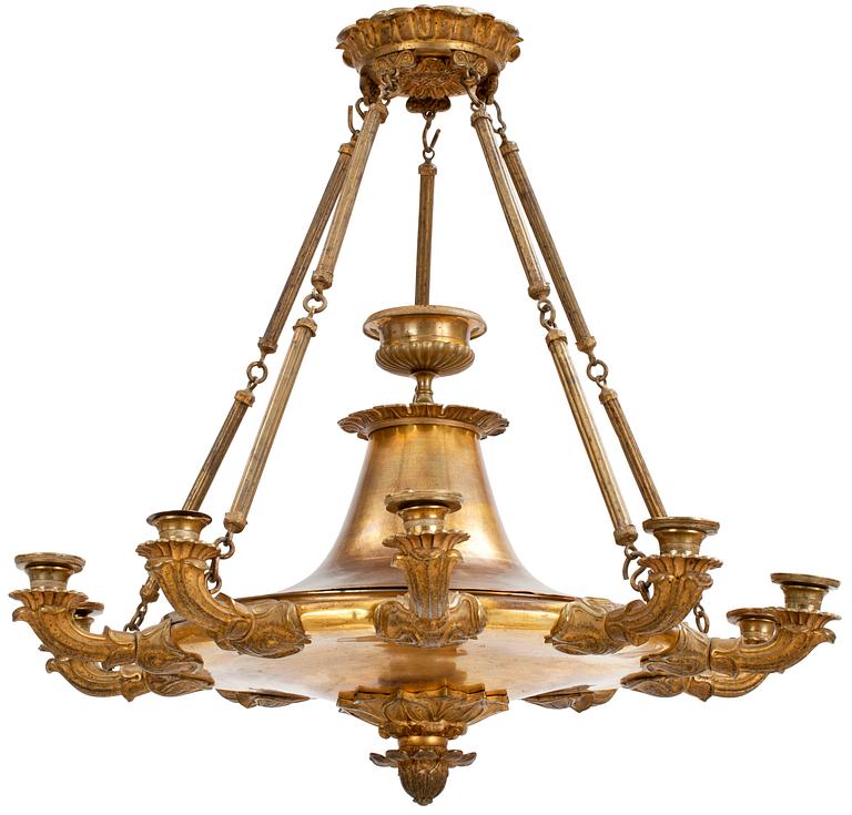An Empire early 19th century gilt bronze ten-light hanging lamp.