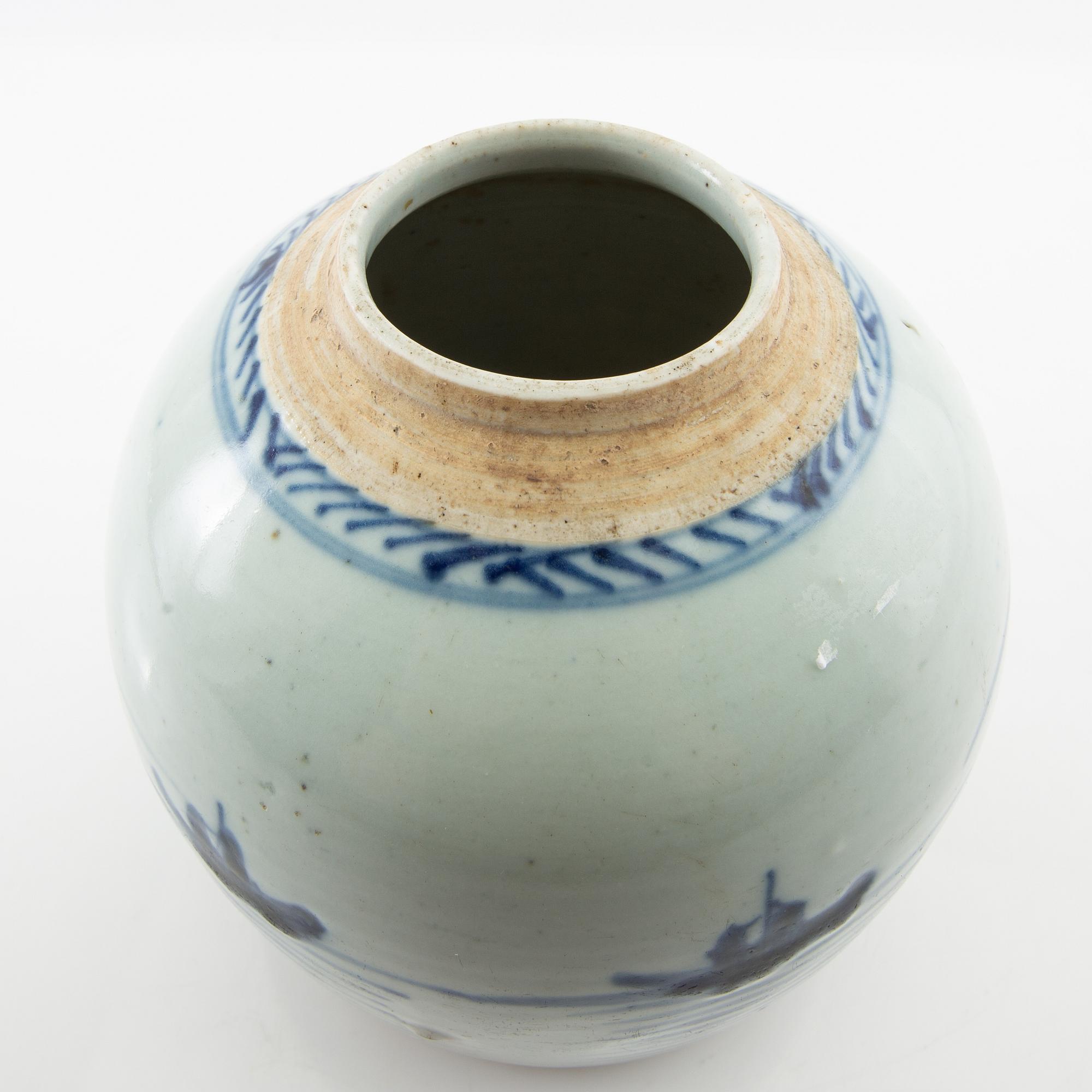 A blue and white jar, 20th century.