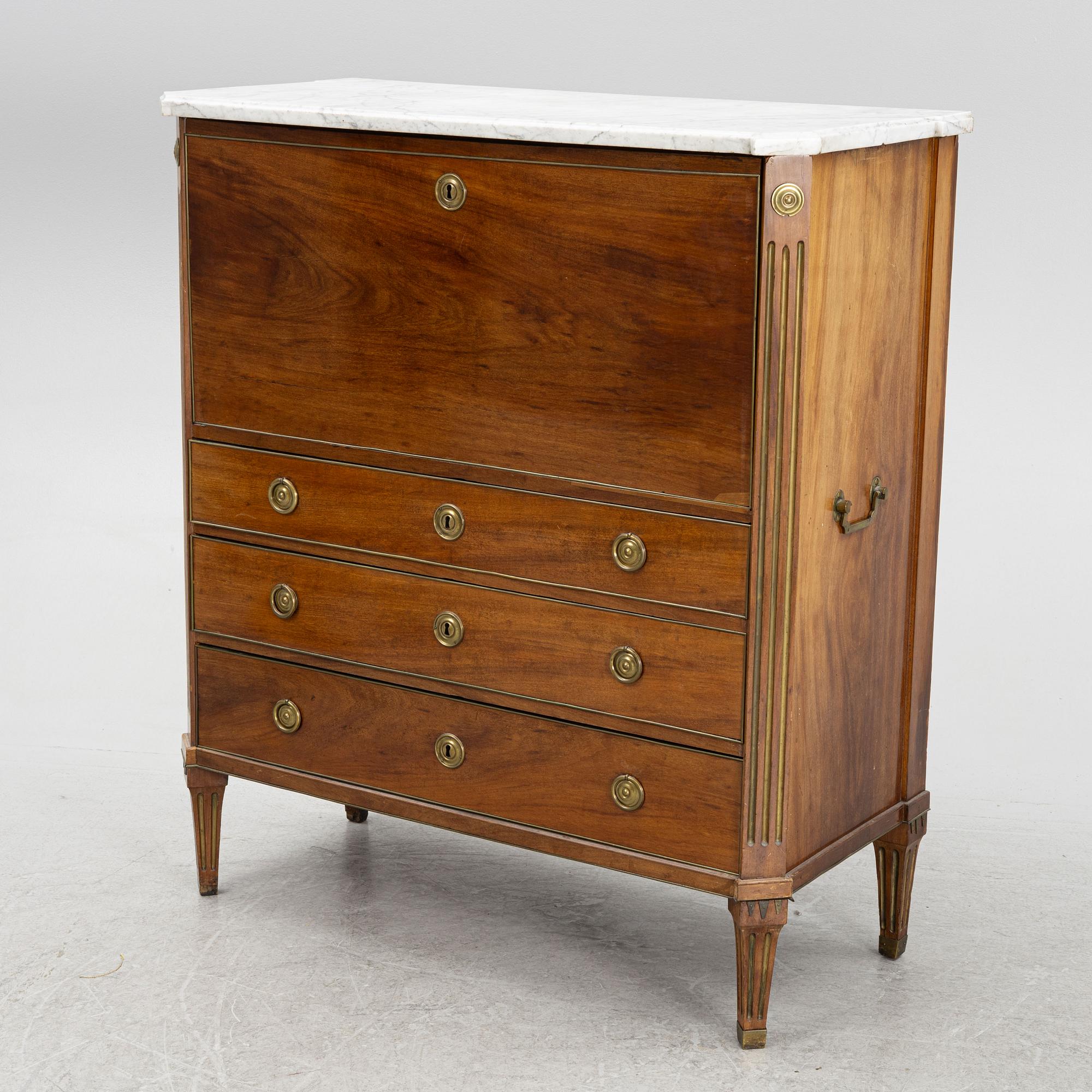 A late Gustavian mahogany secretaire, Stockholm, late 18th century.