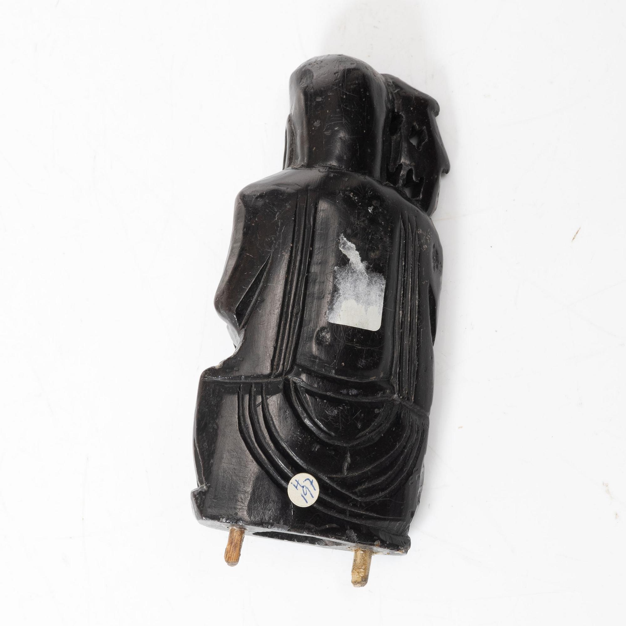 A Chinese green stone brush washer, a carved bone and a soapstone figure, partly Qing dynasty.