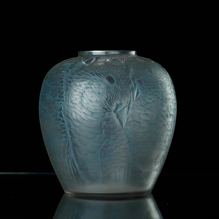 René Lalique, an 'Alicante' frosted and blue stained cast glass vase, France 1920's-30's.