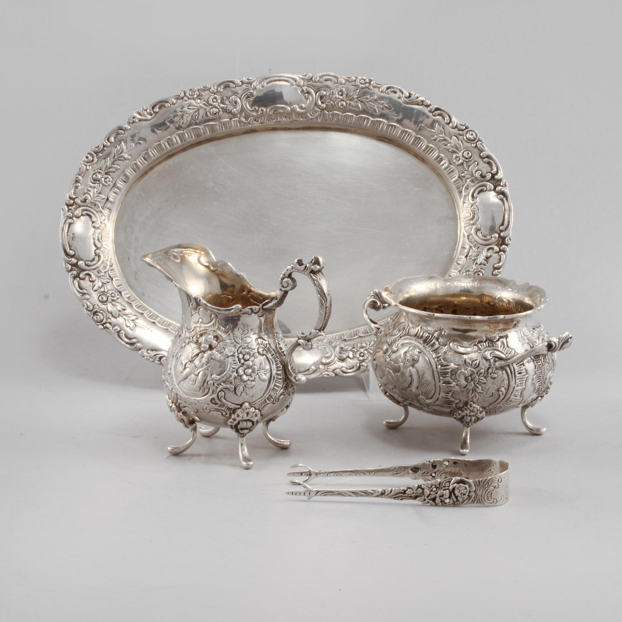 PARTI SILVER, 4 delar, låghaltigt silver, rokokostil, svenska importstämplar, 1900-tal.