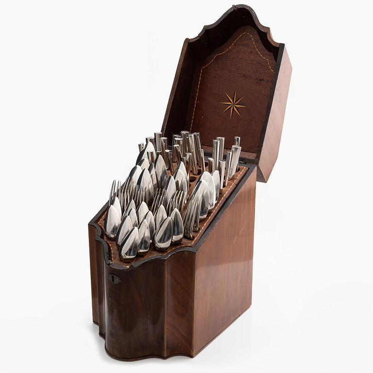 A Swedish late 18th/early 19th century silver cutlery set, 60 pieces, and a mahogany box.