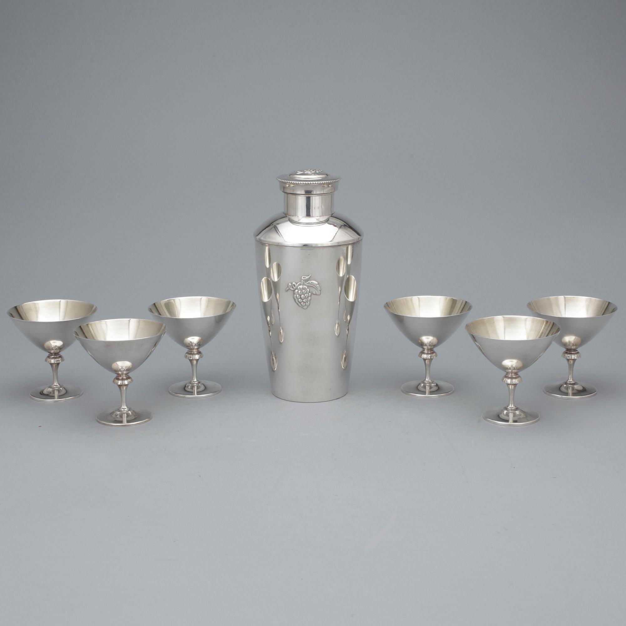 COCKTAILSHAKER samt GLAS, 7 delar, nysilver, GAB.