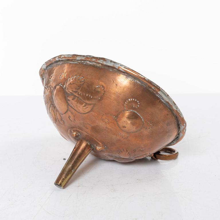 A Swedish copper cauldron and sieve, circa 1800.
