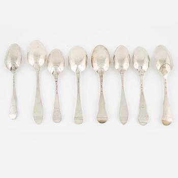 A collection of eight silver spoons, 18th-/19th century.