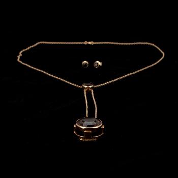 KAULAKORU ja KORVAKORUT, kultaa 14K, viistehiotut savukvartsit, Kaunis Koru/Kalevala Koru 1964. Alkuperäinen rasia.