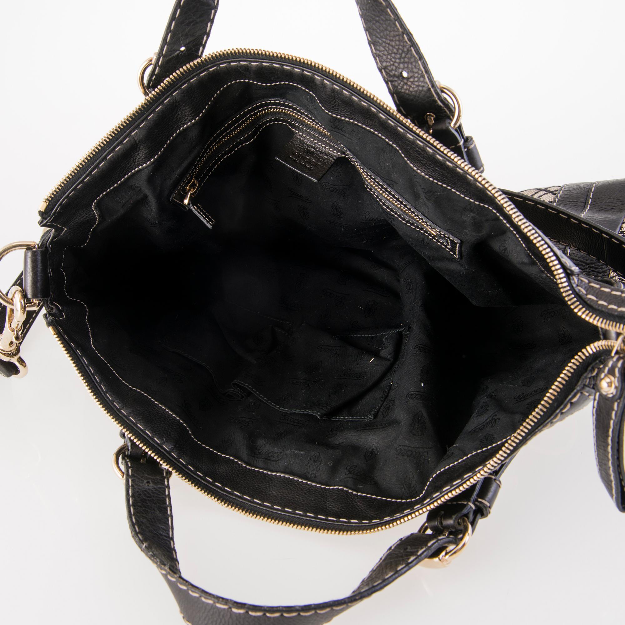 GUCCI Black Diamante Canvas Crest Boule Tote Bag.