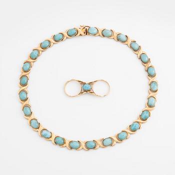 14K gold necklace and ring, with cabochon cut blue stones.
