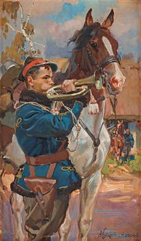 Wojciech von Kossak, Uhlan with a brass horn.