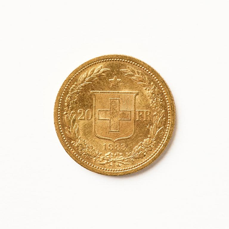 Guldmynt, Schweiz, 20 Franc 1883.