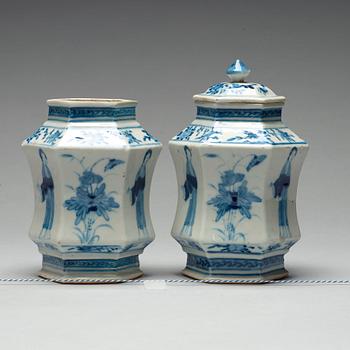 Two Chinese blue and white jars, one with cover, circa 1900.