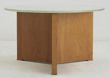 An elm sofa table attributed to Jacques Adnet, glass top.