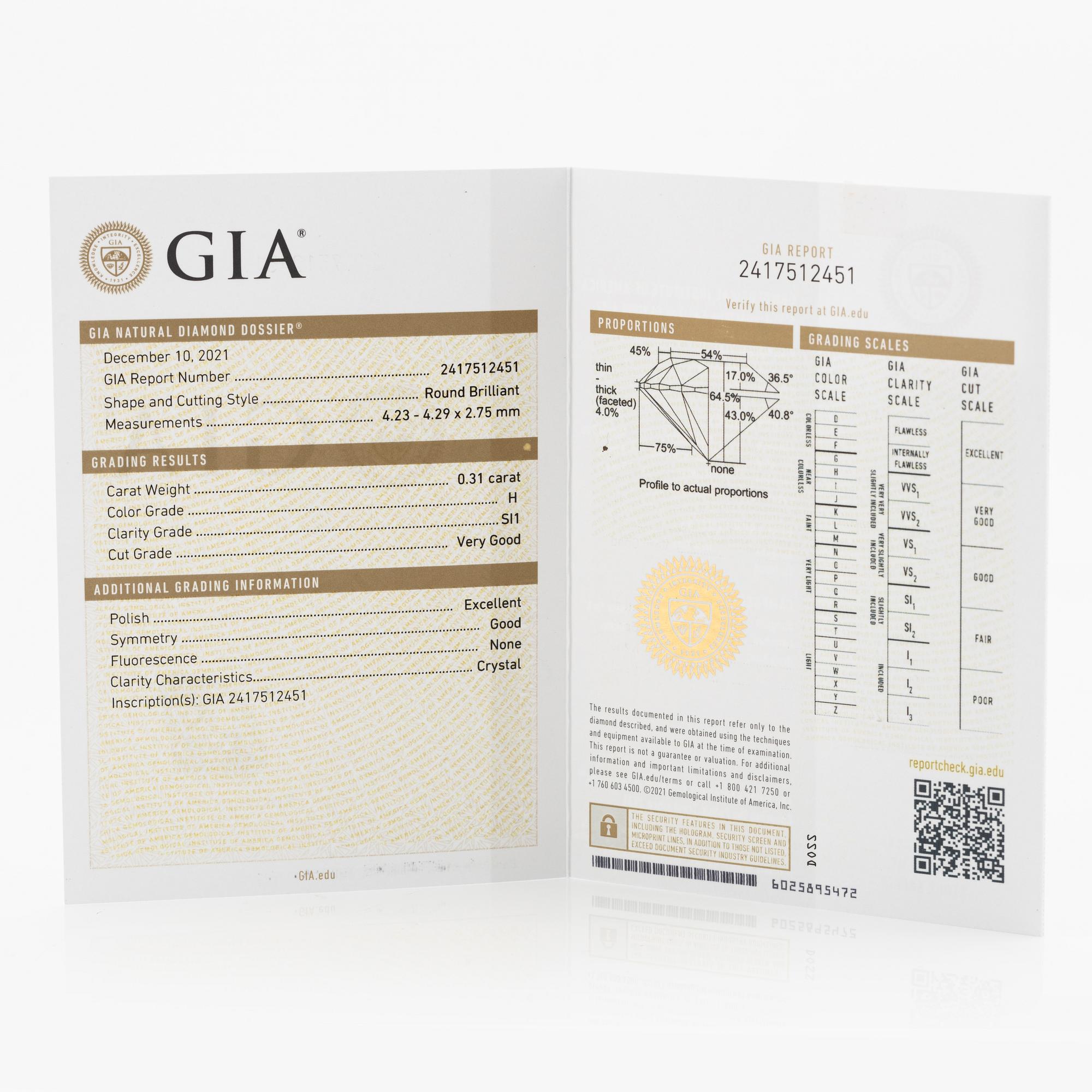 Örhängen med briljantslipade diamanter, medföljande GIA dossier.