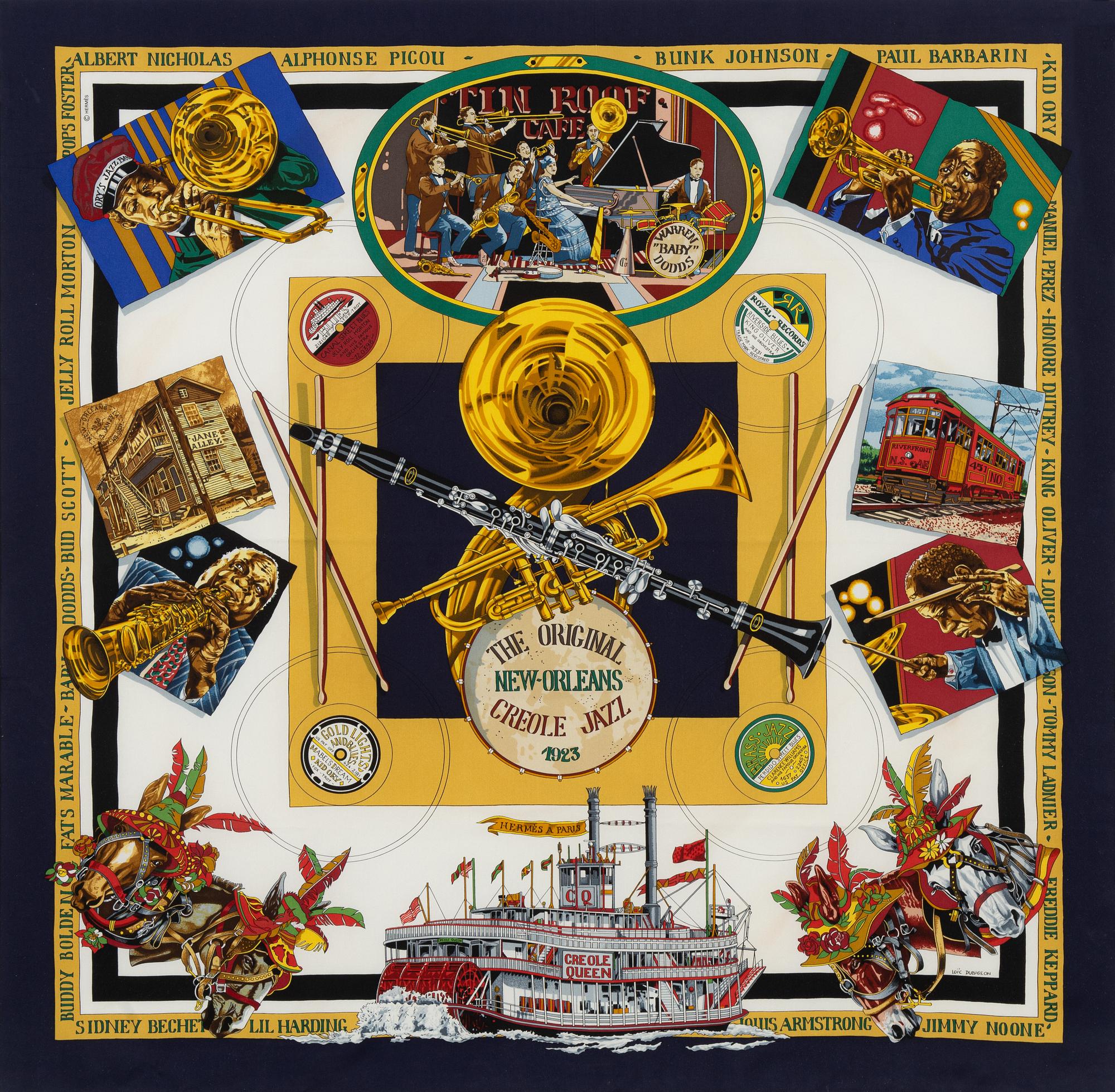 Hermès, a 'New Orleans Creole Jazz' silk scarf.