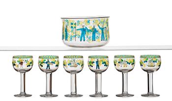 245. A Gunnar Cyrén enameled glass bowl and six goblets, Orrefors 1968.