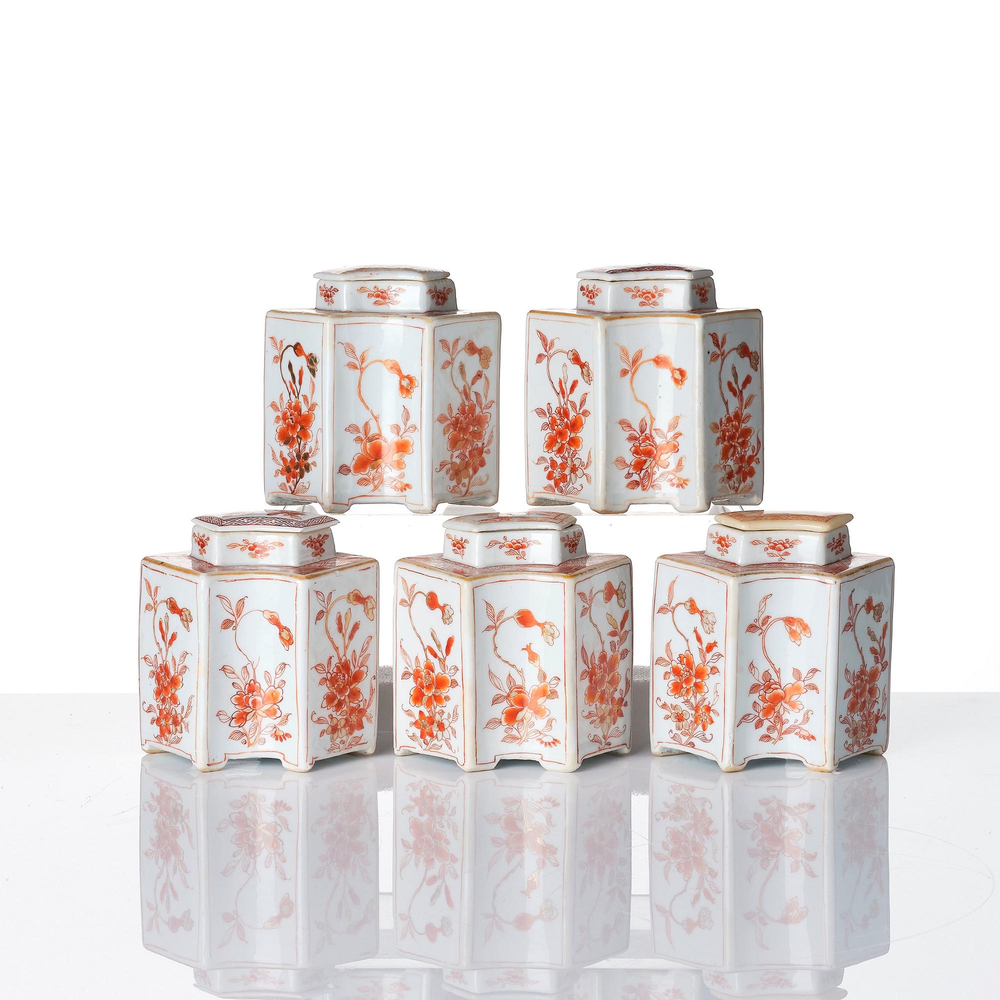 A 'rouge de fer' six piece tea caddy set, Qing dynasty, early 18th Century.