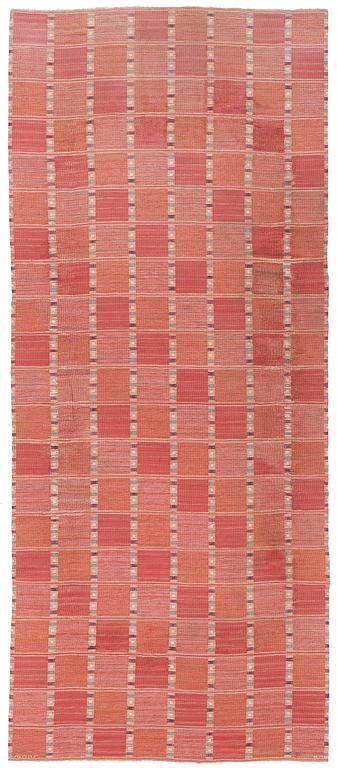 Barbro Nilsson, a carpet, 'Falurutan, röd Borås', flat weave, c. 502 x 212 cm, signed AB MMF BN.