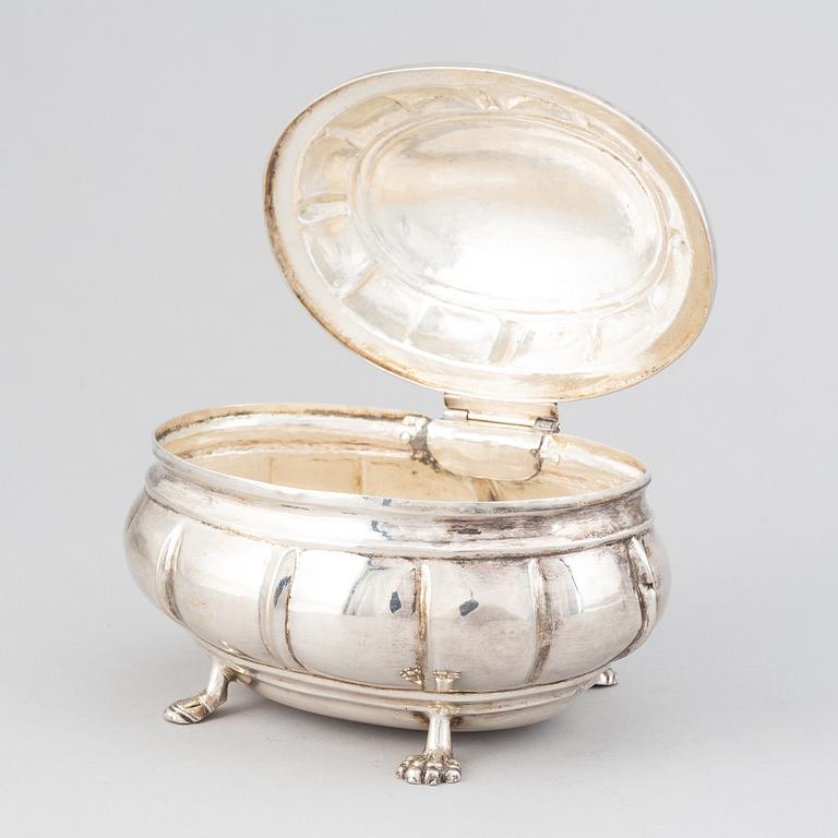A late baroque silver sugar box, circa 1750, probably Germany.