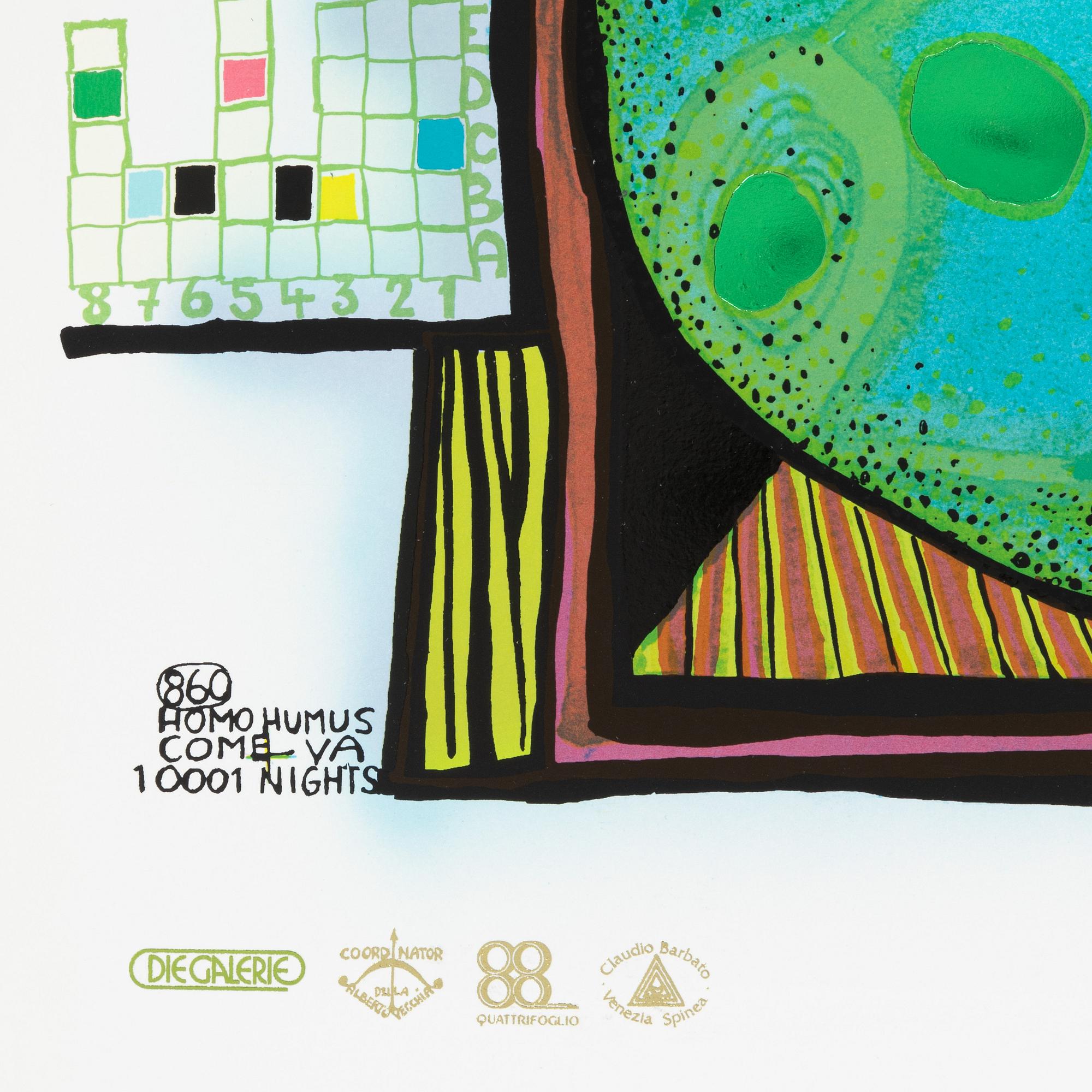 Friedensreich Hundertwasser, photo lithograph and silk screen with metal embossing, 1984. Signed and numbered 4372/10002.