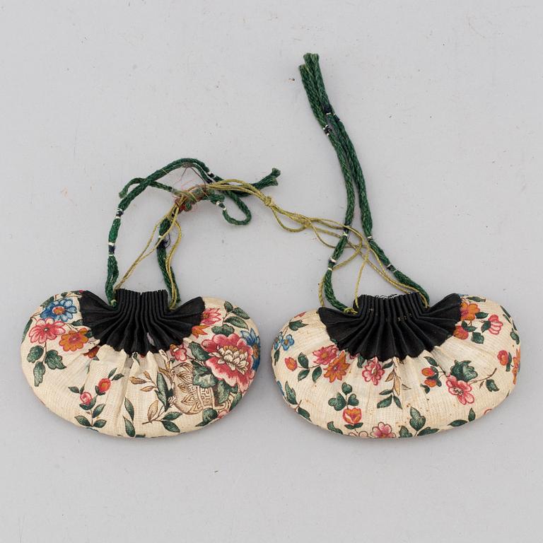 A pair of Japanese 'Geta' shows and two Chinese pouches, early 20th century.